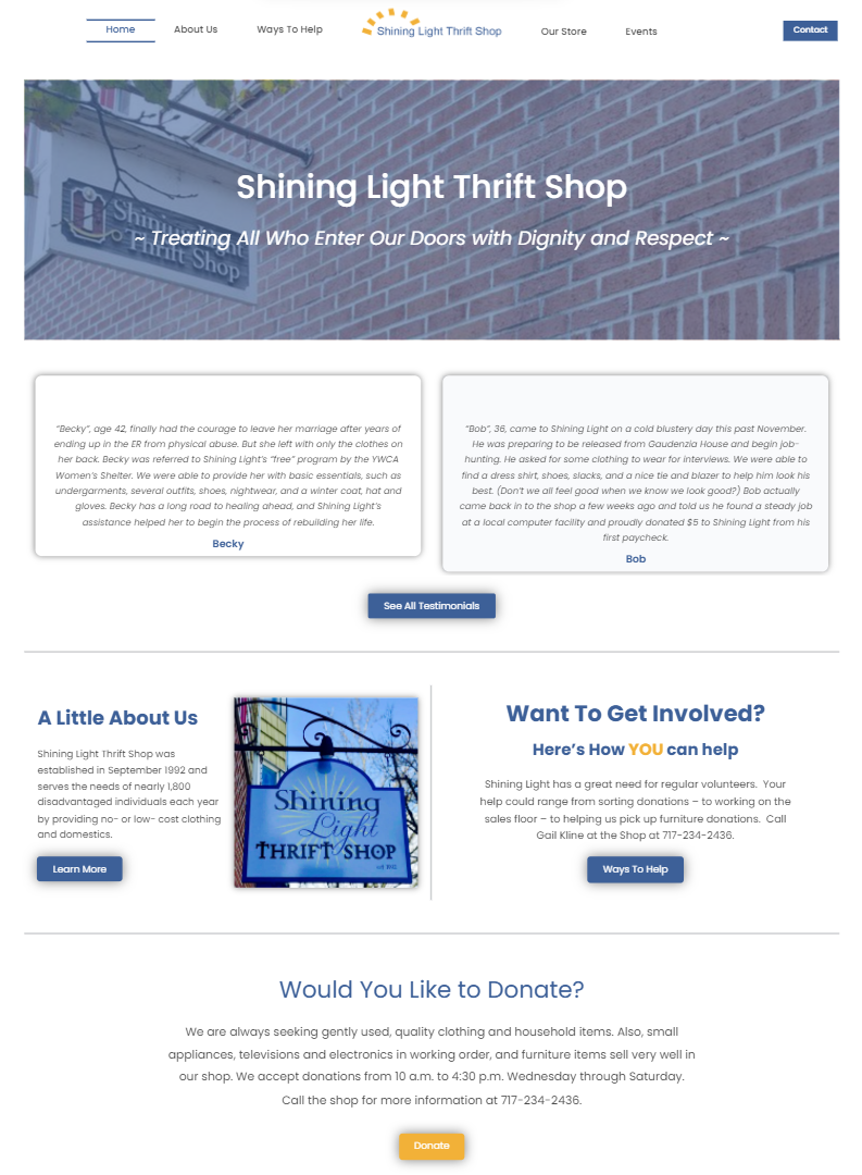 Wordpress Website For Shining Light Thrift Shop